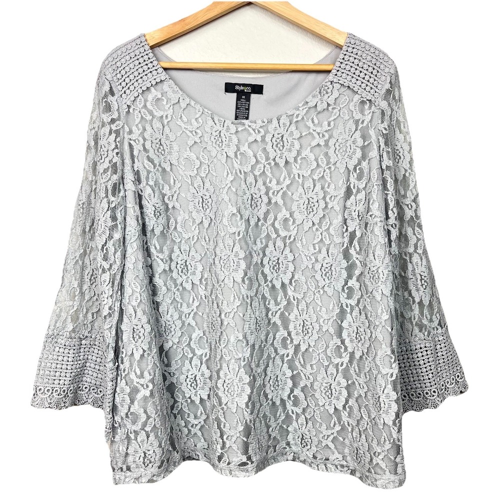 Style&Co. Womens Lace Long Sleeve Top Size 1X‎ Silver Crochet Boho Chic Romantic